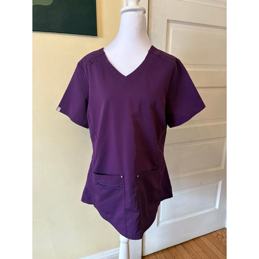 Women's nurse doctor scrub eggplant purple V-neck pocket top tshirt tee tunic